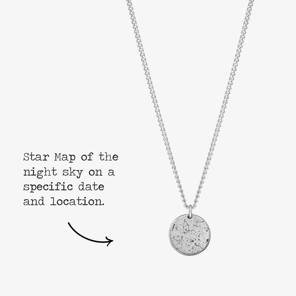Necklace with a star map of the night sky on a specific day and location