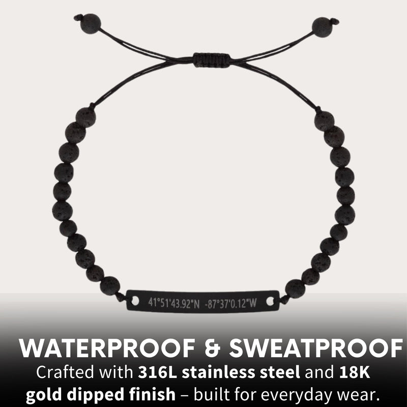 Personalized Lava Bracelet, Custom Coordinates Bracelet For Couples, Black Beaded Engraved Customized Bracelet for Him Sweatproof Waterproof