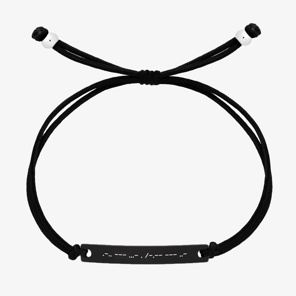 Black thread bracelet with morse code engraved on a black bar